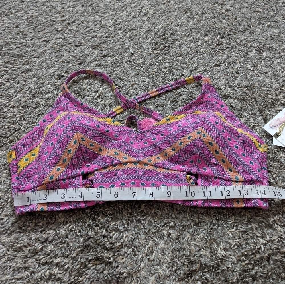 NWT Jessica Simpson pink yellow geometric v neck tie back bikini top L - Picture 8 of 9